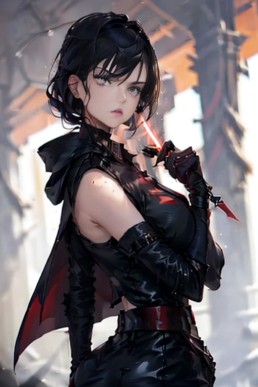 The character in the image appears to be a female figure with a striking and somewhat intimidating presence. She has a slender build and is wearing a dark, form-fitting outfit that seems to be made of a shiny, possibly leather-like material. The outfit includes a high collar and a cape that drapes over one shoulder, adding to her formidable appearance. Her attire is complemented by a red and black color scheme, with the red accents possibly indicating a connection to a specific group or faction within the context of the image. She is holding a lightsaber with a red light at the end, which could be a weapon or a tool, and it adds a mystical or futuristic element to her character. The character's face is serious and focused, with a strong jawline and sharp features that contribute to her stern expression. Her hair is styled in a way that it falls over her shoulders, and she has a hood that is partially pulled back, revealing her face. The background suggests a forest or wooded area, which contrasts with her dark attire and adds a sense of mystery to the scene. The lighting is moody and atmospheric, with a mix of red and blue tones that highlight her and the environment. Overall, the character's appearance is designed to convey a sense of power and authority, with a touch of elegance and mystery. With her voluminous and firm breasts measuring 95 cm in diameter, her tight clothes do justice to her impressive figure, her perfect curves covering her legs and butt.  huge breasts(105.55), b1mb0, Nightgown, 