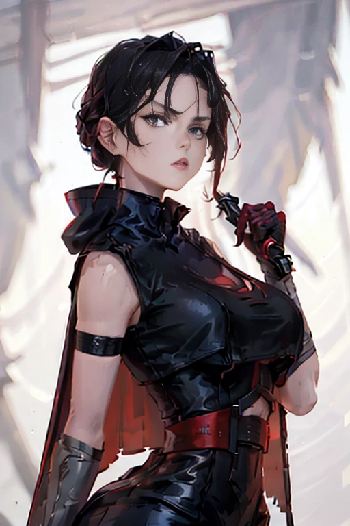 The character in the image appears to be a female figure with a striking and somewhat intimidating presence. She has a slender build and is wearing a dark, form-fitting outfit that seems to be made of a shiny, possibly leather-like material. The outfit includes a high collar and a cape that drapes over one shoulder, adding to her formidable appearance. Her attire is complemented by a red and black color scheme, with the red accents possibly indicating a connection to a specific group or faction within the context of the image. She is holding a lightsaber with a red light at the end, which could be a weapon or a tool, and it adds a mystical or futuristic element to her character. The character's face is serious and focused, with a strong jawline and sharp features that contribute to her stern expression. Her hair is styled in a way that it falls over her shoulders, and she has a hood that is partially pulled back, revealing her face. The background suggests a forest or wooded area, which contrasts with her dark attire and adds a sense of mystery to the scene. The lighting is moody and atmospheric, with a mix of red and blue tones that highlight her and the environment. Overall, the character's appearance is designed to convey a sense of power and authority, with a touch of elegance and mystery. With her voluminous and firm breasts measuring 95 cm in diameter, her tight clothes do justice to her impressive figure, her perfect curves covering her legs and butt.  huge breasts(105.55), b1mb0, Nightgown, 