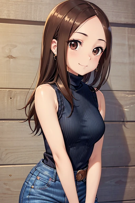 takagi-san、Shiny brown hair, Long Hair,((Medium Breast、amount、Center Part:1.2))、 美しいBrown eyes、smile、Shining Eyes, (fine grain)、Very beautiful eyes、Highly detailed face, Detailed eyes, Cowboy Shot、


masterpiece, Best Quality,  Brown eyes, View your viewers, Alone, 

 ((wife)), ((Cool face)), Earrings, Small Pendant,  ((Wearing a black sleeveless turtleneck)),
  ((sunny)),((Tight sleeveless knitwear)), Cityscape, ((Very realistic)), ((Wearing high-waisted denim pants)), ((Sexy Body)), ((Tight denim))