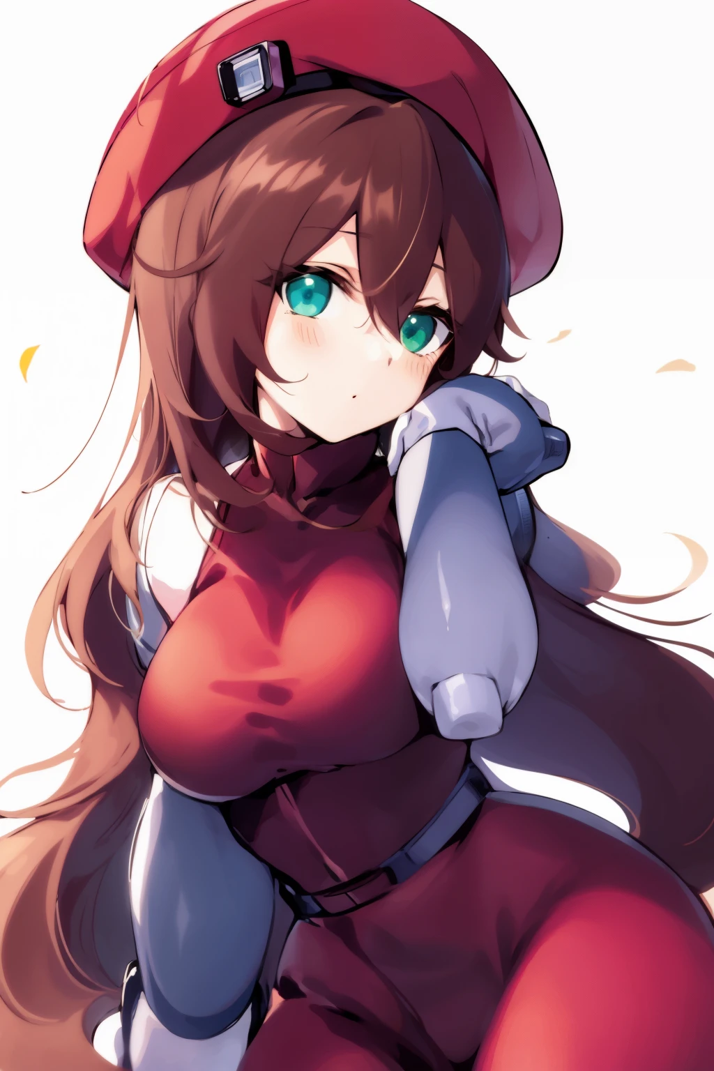 iris_megamanx, 1girl, solo, android, long hair, brown hair, hat, green eyes, white gloves, beret, upper body, high quality, masterpiece,