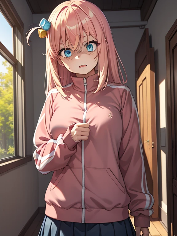 (masutepiece, Best Quality, hight resolution, nffsw, Perfect Pixel, depth of fields, 4K), 
1girl in,  , Beautiful anime girl, 
Perfect body,  (scared expression:1.2),

gotohdef, one side up, cube hair ornament, pink jacket, track jacket, long sleeves, skirt,