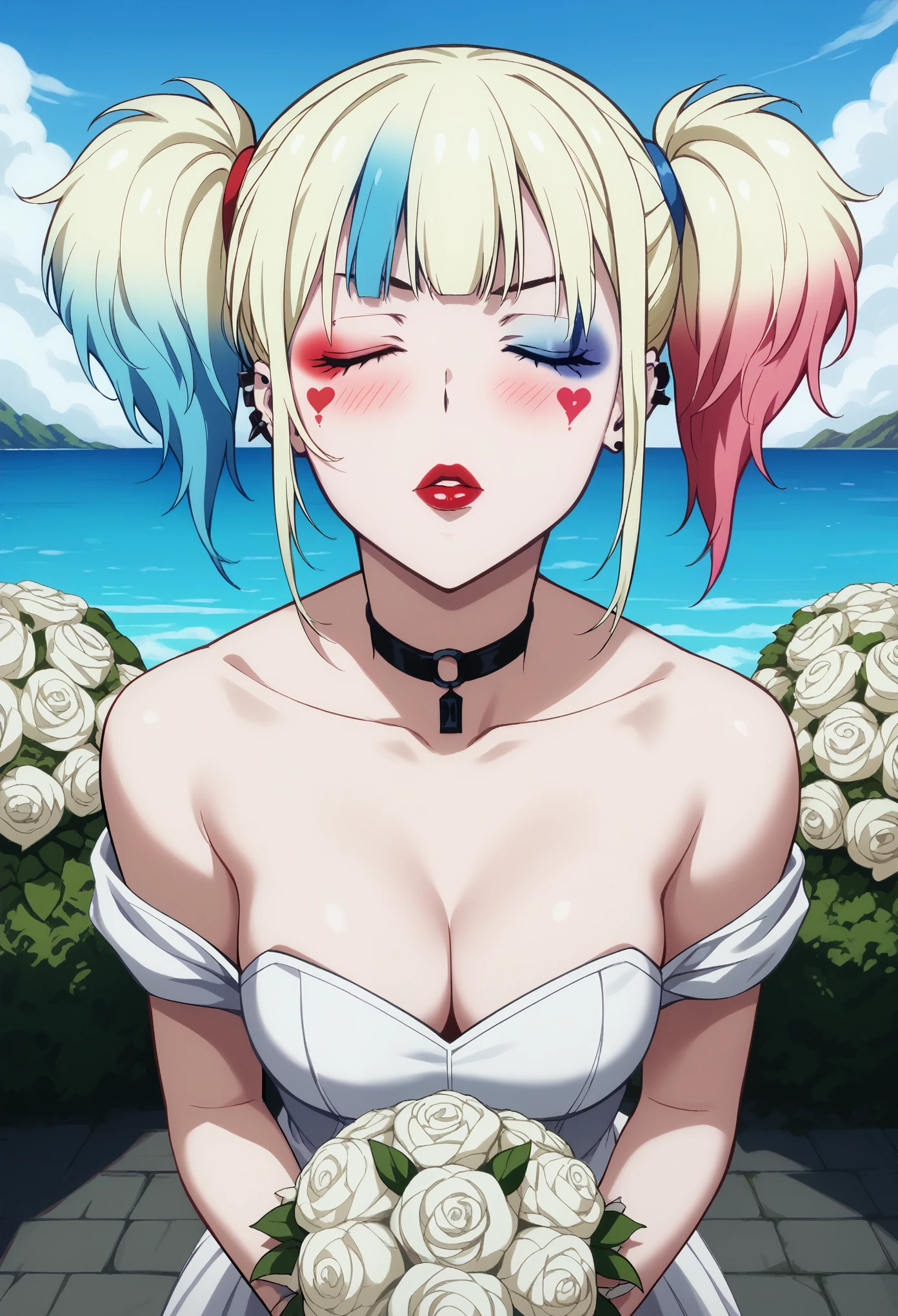 score_9, score_8_up, score_7_up, score_6_up,4k, source_anime, solo, 1girl,harley quinn, bangs, blue eyes, blonde hair, twintails, blue hair, multicolored hair, choker, gradient hair, makeup, piercing, pink hair, lips, lipstick, red lips,, blushing, looking at viewer, wedding dress, wedding veil, off shoulder, cleavage, outdoor, sky, standing, cowboy shot, medium breasts, incoming kiss, closed eyes, bouquet, collarbone, pov, closer, wedding ceremony background, leans forward, 