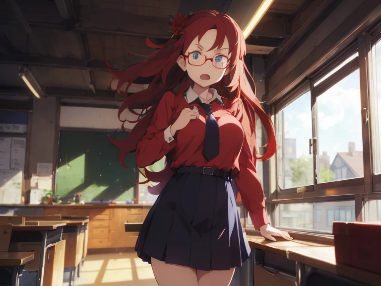 1 female, red hair, long hair, flower on her head, blue eyes, huge breast, teacher clothes, dress shirt, long sleeve dress shirt, red tie, long skirt, blue skirt, black shoe, in school, in classroom, angry face, ruler, teaching, glasses, open mouth