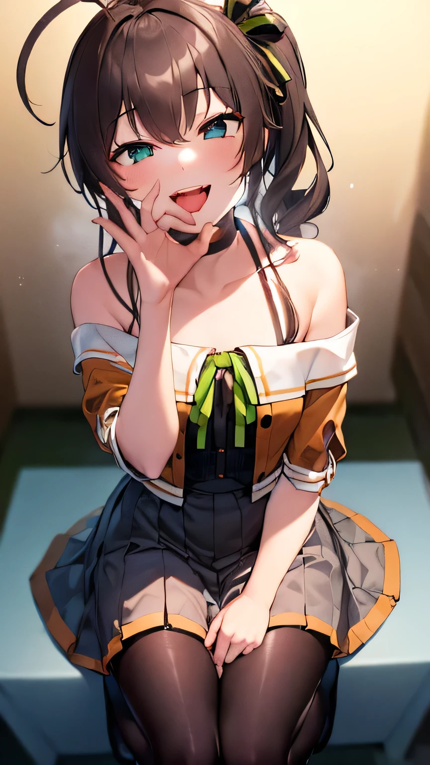  ((((Open your mouth))))、masterpiece,Best Quality,High resolution,Very detailed,bb Festival,Medium Hair,skinny,Ahoge,Brown Hair,(((((  Captivating smile ))))),skinny,Hair between the eyes,bangs,Hair Ribbon,Black choker,Earrings,Black Ribbon,Checked shirt,Grey Shirt,Open-shouldered,Short sleeve,See-through sleeves,Black Skirt,High Waist Skirt,,(( Perfect Fingers )) ,  shoes下,(black shoes下:1.4), trim,shoes,Black footwear,indoor,(Cafe:1.2),((Fellatio gestures:1.5))、Open your mouth ,Sitting,chair,Heavy breathing ,