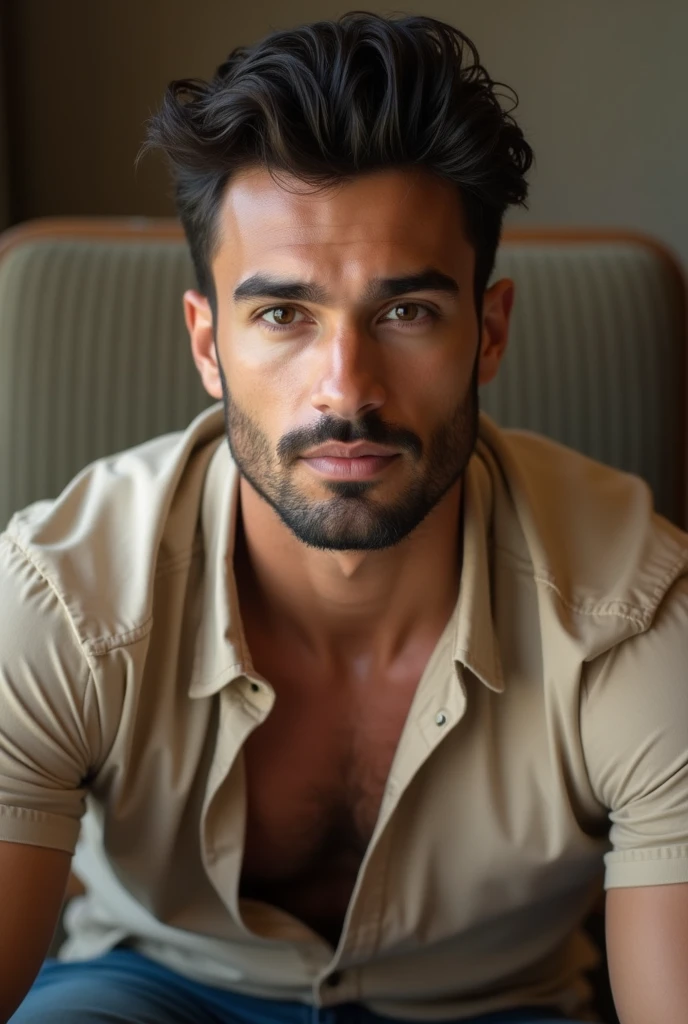 masterpiece, best quality, high resolution, closeup portrait, male focus, solo focus, A man, 40 years old, with construction worker uniform, unbuttoned work clothes, construction worker, silver grey hair, messy hairstyle, cute and seductive face, bare chest, body hair, facial hair, roman nose, very skinny body, hairy legs, dimples, beard, bold jawline , in the background a construction site, orange safety vest, erotic, sweaty hairy armpit, white stained briefs, view from below, amazing composition, front view, HDR, ultra quality, elegant, highly detailed
