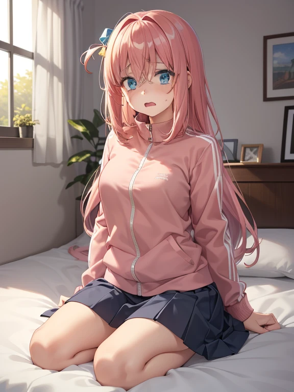 (masutepiece, Best Quality, hight resolution, nffsw, Perfect Pixel, depth of fields, 4K), 
1girl in,  , Beautiful anime girl, 
Perfect body,  (scared expression:1.2),

gotohdef, one side up, cube hair ornament, pink jacket, track jacket, long sleeves, skirt,, indoor , bed room, on bed, 