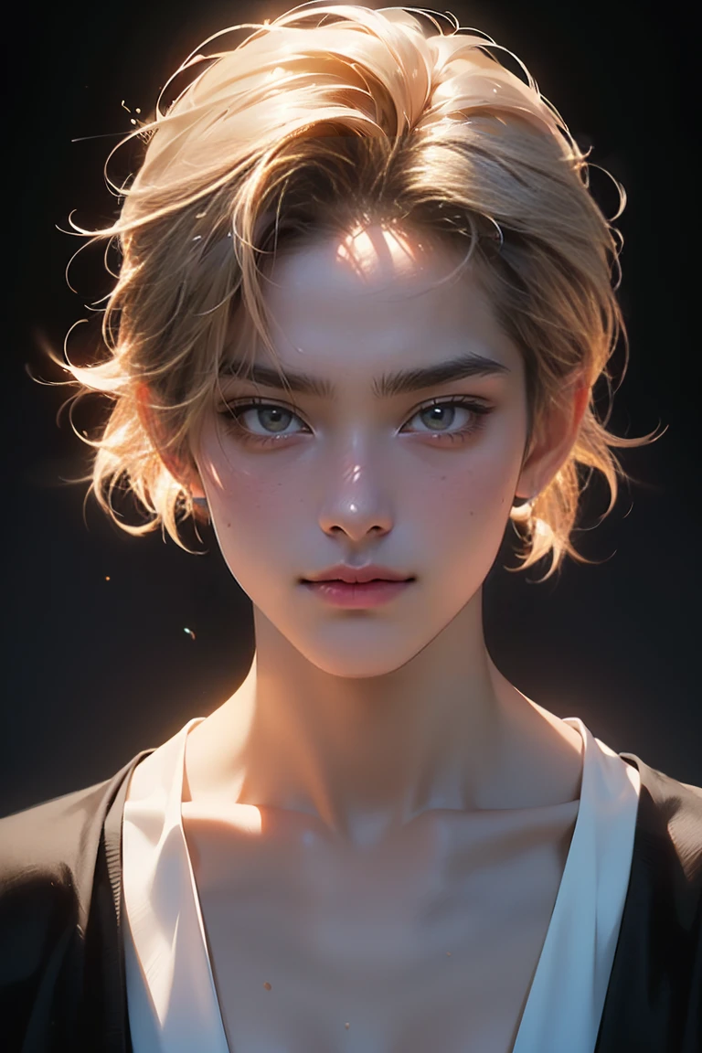 1boy, masterpiece, best quality, extremely detailed CG unity 8k wallpaper, (Upper Body head close-up shot of a beautiful little boy), Elegant short blonde hair, man's hairstyle, (Mckenna Grace), ((big boobs,thighs)), ((white-blue)) golden ((Glittering tutu, dress )), ((standing)), (Blush), oil skin, (seductive smile), (Cinderella), pretty face, key art, award winning, intricate detail realism hdr, by (ruan jia and artgerm and range murata), Photorealism, Hyperrealism, ultra realistic, dramatic light, intense shadows, gorgeous view, depth of field
