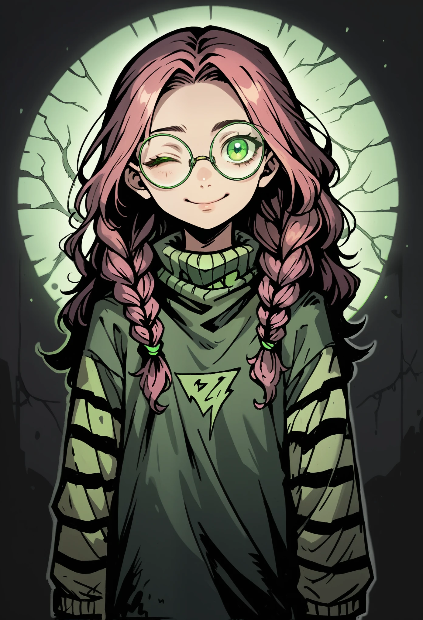 Medium close-up of pale, slender girl, long wavy hair, pink korean hair with braids. Leaves in hair. 20 years old. Oversized round glasses. Detailed green eyes and thick eyebrow. Smiling face expresion, one eye closed, looking directly at the viewer, with a finely detailed, ultra-clear face. Oversized striped long sleeve, woolen, green-white striped long sleeve. The design is highly detailed, with thick outlines and dramatic lighting, inspired by Chris Bourassa. Green neon disk behind. The background features a weathered brick wall with Green neon light, creating dark, atmospheric scene. Highly detailed, inspired by Chris Bourassa's. Dramatic lightning, green neon lamps. Dramatic lightning, thick outlines.
