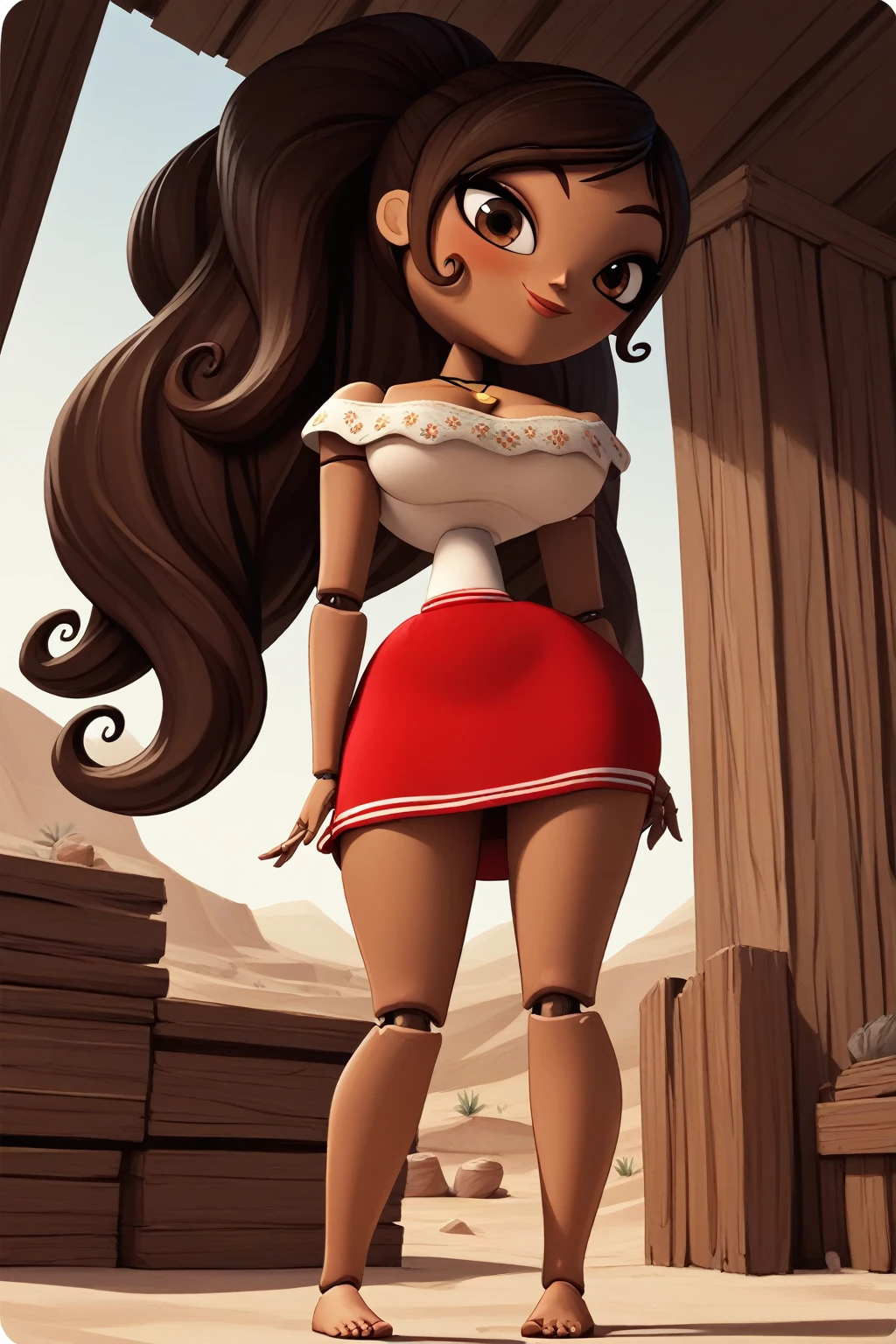 1girl, long hair, ponytail, necklace, joints, cleavage, bare shoulders, off shoulder, wood doll, dark skin, Brown Hair, desert city, day, smile, blushing, Big breasts, dark skin, feet, sexy ass, solo, 1 girl, looking at viwer, front view, standing, Bent Over, white dress, red skirt, mini skirt, below view, cute feet, wood doll, wood skin,