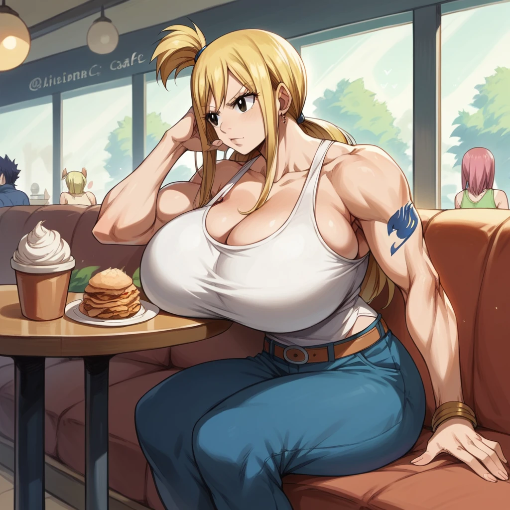 Massive breasts, {Ultra gigantic breasts} massive cleavage, mature, indoor Cafe, muscular, lucy, fairy tail, tank top, sitting down 