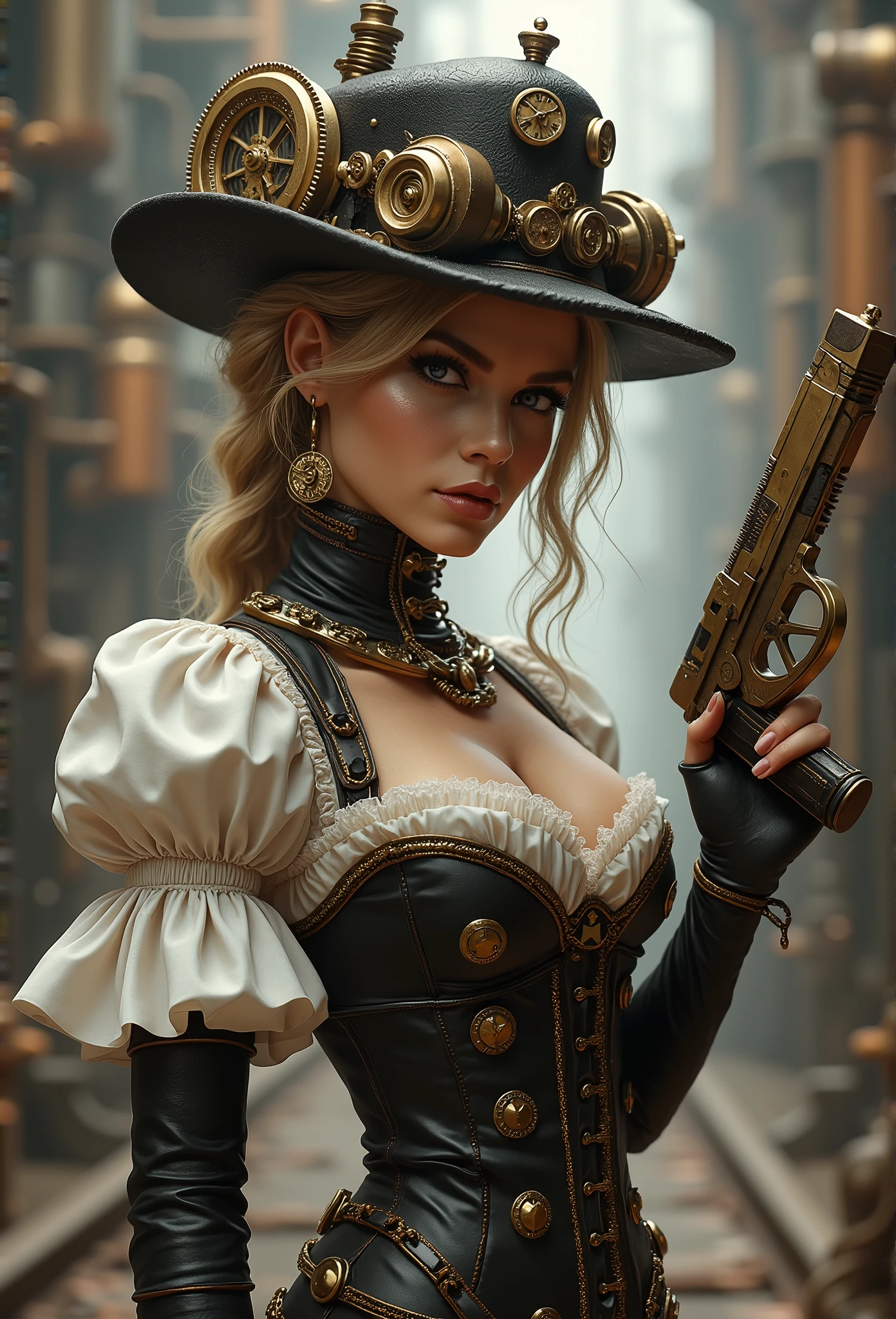 Best Quality, Ultra High Definition, (Photorealistic:1.4),Sunset Light, Ponytail, australian Women, Detailed Photo, alluring Smiling, Sexy, Freckles, Facing Camera, Close-up (Masterpiece: 1.3), (8K, Photorealistic, Best Quality: 1.4), (1girl), Beautiful Face, (Realistic Face), (Blonde Hair, Short Hair: 1.3), Beautiful Hairstyle, Realistic eyes, beautiful detail eyes, (realistic skin), beautiful skin, absurd, attractive, ultra high resolution, ultra realistic, high definition, golden ratio, (small breasts: 1.2), (posing with group), (steampunk dress and accessories)