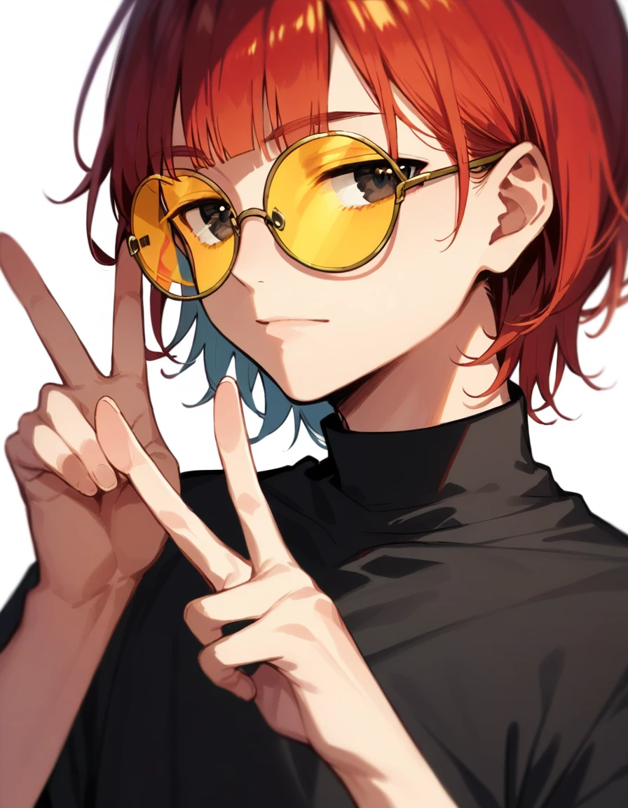 score_9, score_8_up, score_7_up, masterpiece, ultra-detailed, pretty eyes, 1man, solo,((Adult)), red hair, Medium hair,hime cut,, half closed eyes, Black Eyes, Black shirt, making a peace sign, Emotionalless, Black Round EYEWEAR, Yellow tinted eyewear, White background, Simple background,
