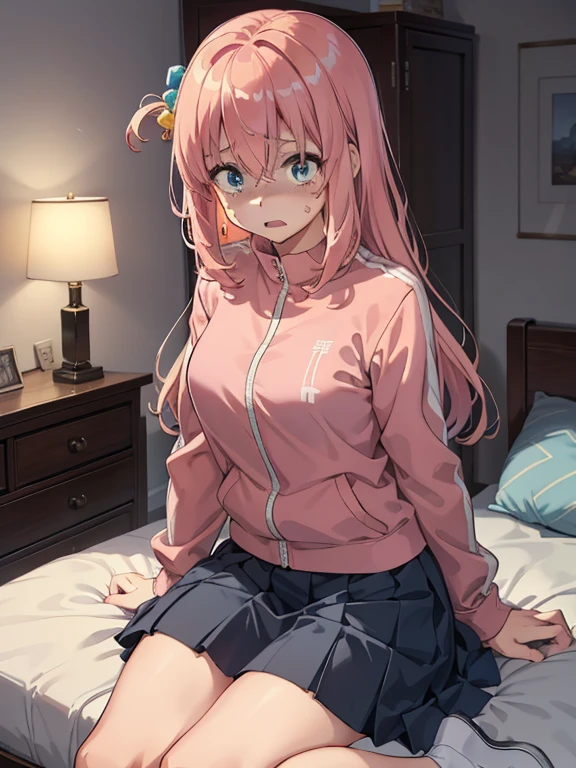 (masutepiece, Best Quality, hight resolution, nffsw, Perfect Pixel, depth of fields, 4K), 
1girl in,  , Beautiful anime girl, 
Perfect body,  (scared expression:1.2),

gotohdef, one side up, cube hair ornament, pink jacket, track jacket, long sleeves, skirt,, indoor , bed room, on bed, 