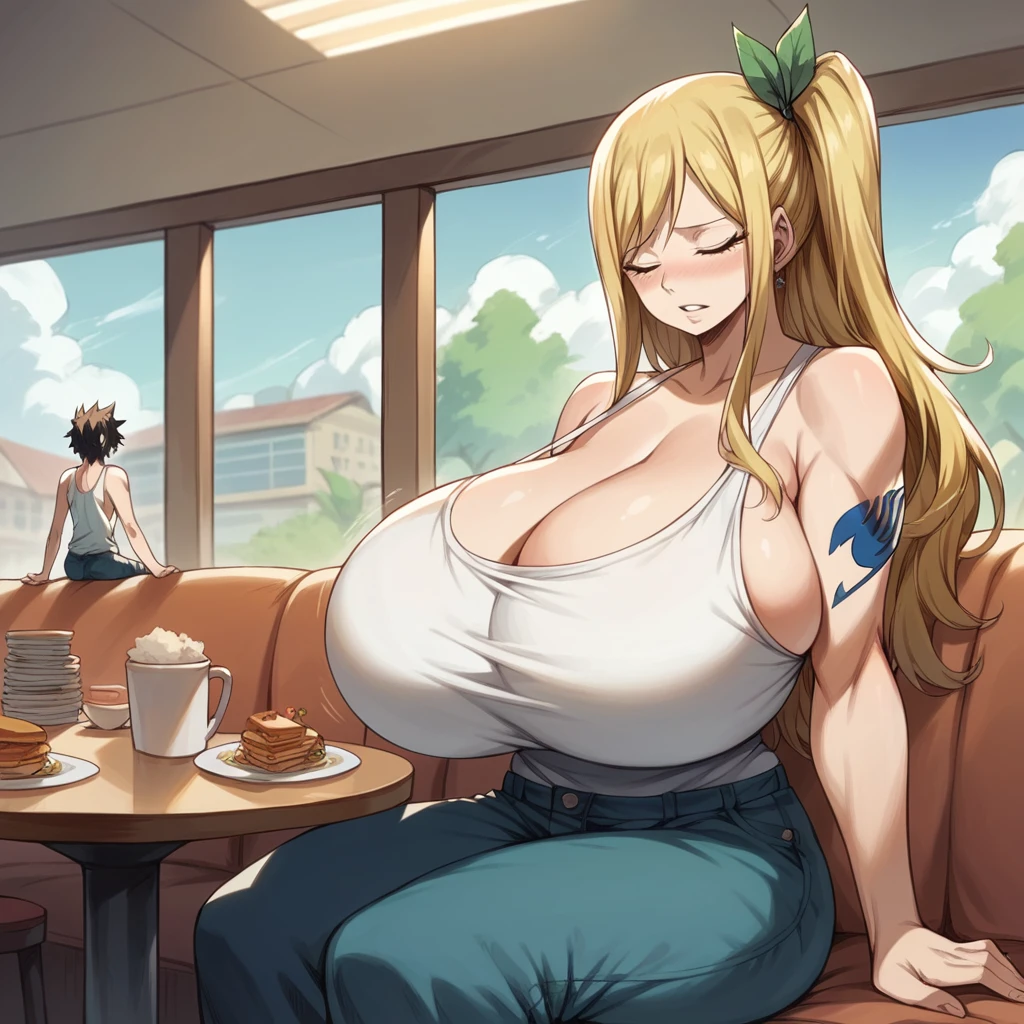 Massive breasts, {Ultra gigantic breasts} massive cleavage, mature, indoor Cafe, muscular, lucy, fairy tail, tank top, sitting down, orgasm, giantess 