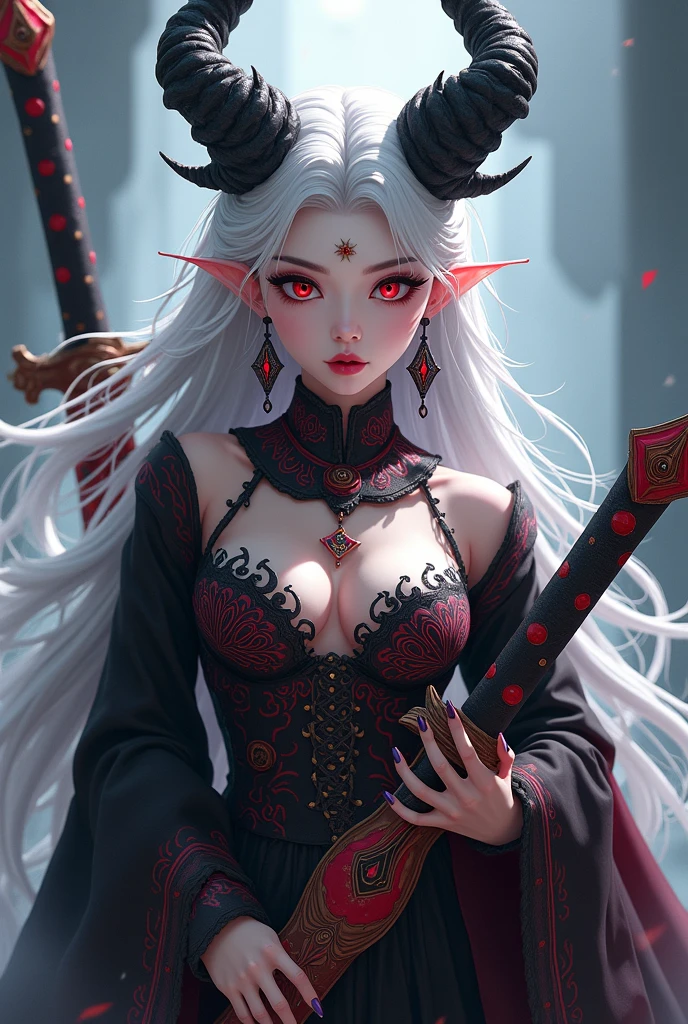ghost,horn, Pink skin, Red Tattoo, Pointed Ears, Gray Hair,Long Hair、Red eyes,Huge breasts、Curved waist、Big Ass、Severe,
(Very detailed, Beautifully detailed face, masterpiece, highest quality),