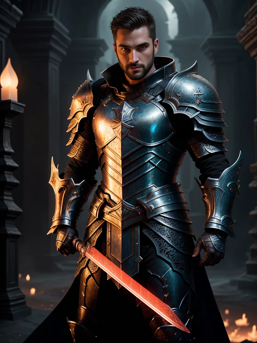 1man, A shot a muscle male paladin, 30 years old，small beard, Sexy and charming expression，gloomy eyes，Blue eyes, emb3r4rmor, shirtless, wearing only a knight's greaves, dynamic pose,  wielding a sword imbued with red radiant light, emanating potent light magic. The scene is set in a dark and mysterious cityscape, illuminated by the glow of the paladin's sword. The composition is expertly crafted, with breathtaking attention to detail and cinematic lighting. The overall aesthetic is reminiscent of Fujifilm photography, capturing the beauty and depth of the scene