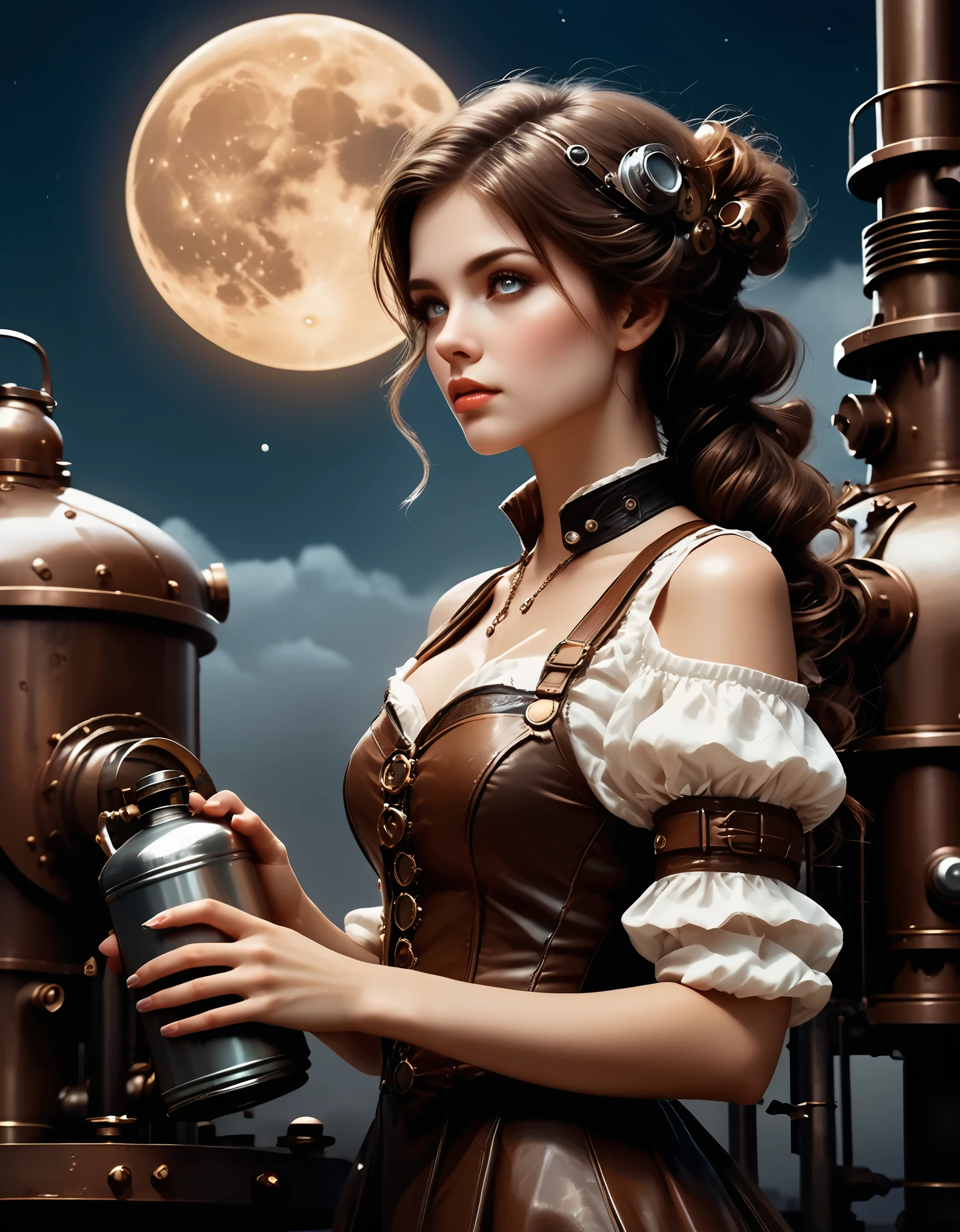 cinematic still {absurdres, ultra detailed beautiful photograph, dynamic angle, close up face, (In a steampunk world, a mechanical girl gazes at the moon while (drinking oil). Her metallic body glistens coldly in the moonlight. Gears and pipes cover her body, with steam quietly rising. Her eyes, almost human-like, hold emotions as she stares at the distant moon. (Holding an oil can) in her hand, she slowly brings it to her mouth, producing mechanical sounds. Around her, old factories and steam engines line the area, creating a unique steampunk atmosphere. Her presence stands out in this otherworldly setting, creating a fantastical scene. watercolor, )} . emotional, harmonious, vignette, highly detailed, high budget, bokeh, cinemascope, moody, epic, gorgeous, film grain, grainy