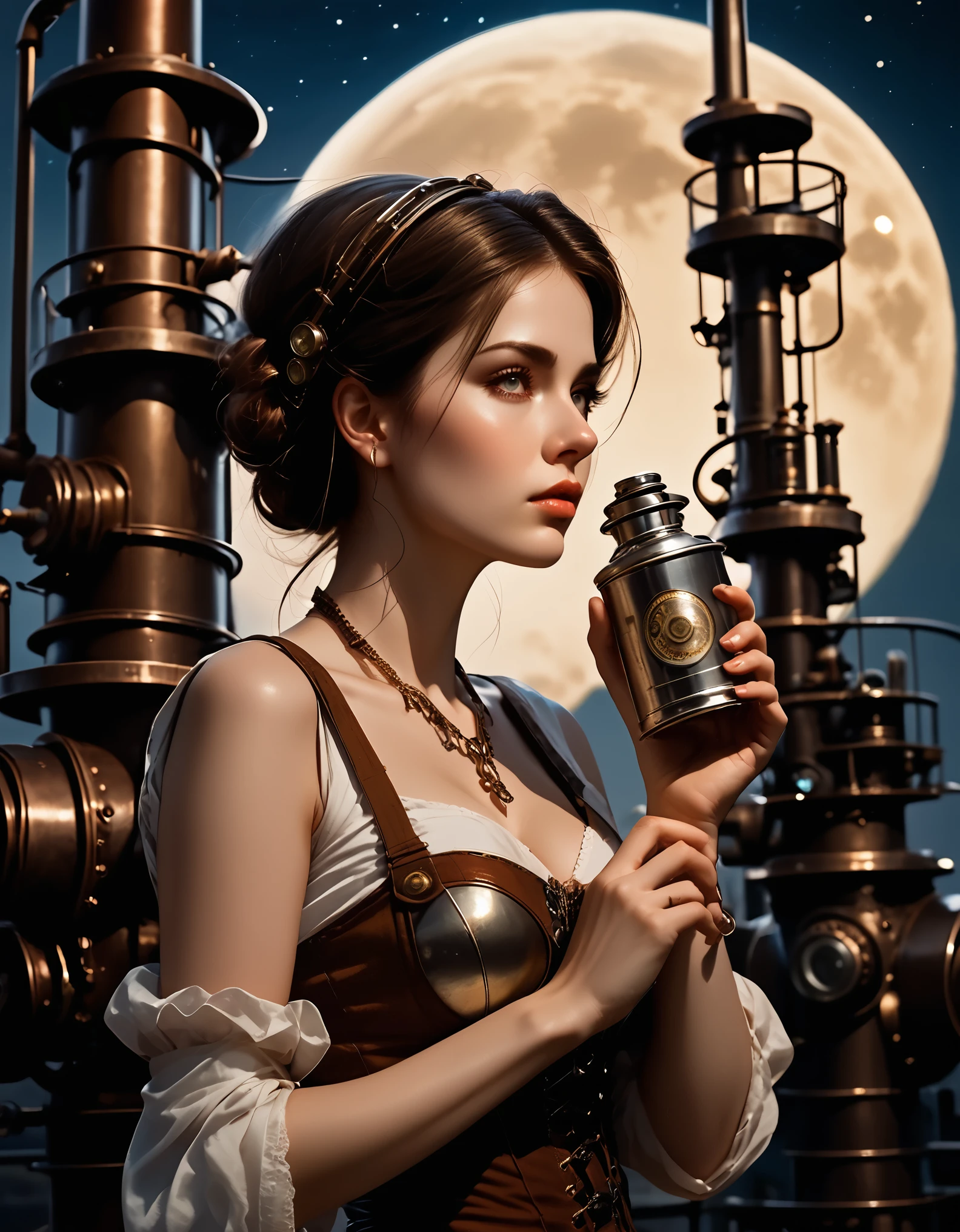 cinematic still {absurdres, ultra detailed beautiful photograph, dynamic angle, close up face, (In a steampunk world, a mechanical girl gazes at the moon while (drinking oil). Her metallic body glistens coldly in the moonlight. Gears and pipes cover her body, with steam quietly rising. Her eyes, almost human-like, hold emotions as she stares at the distant moon. (Holding an oil can) in her hand, she slowly brings it to her mouth, producing mechanical sounds. Around her, old factories and steam engines line the area, creating a unique steampunk atmosphere. Her presence stands out in this otherworldly setting, creating a fantastical scene. watercolor, )} . emotional, harmonious, vignette, highly detailed, high budget, bokeh, cinemascope, moody, epic, gorgeous, film grain, grainy