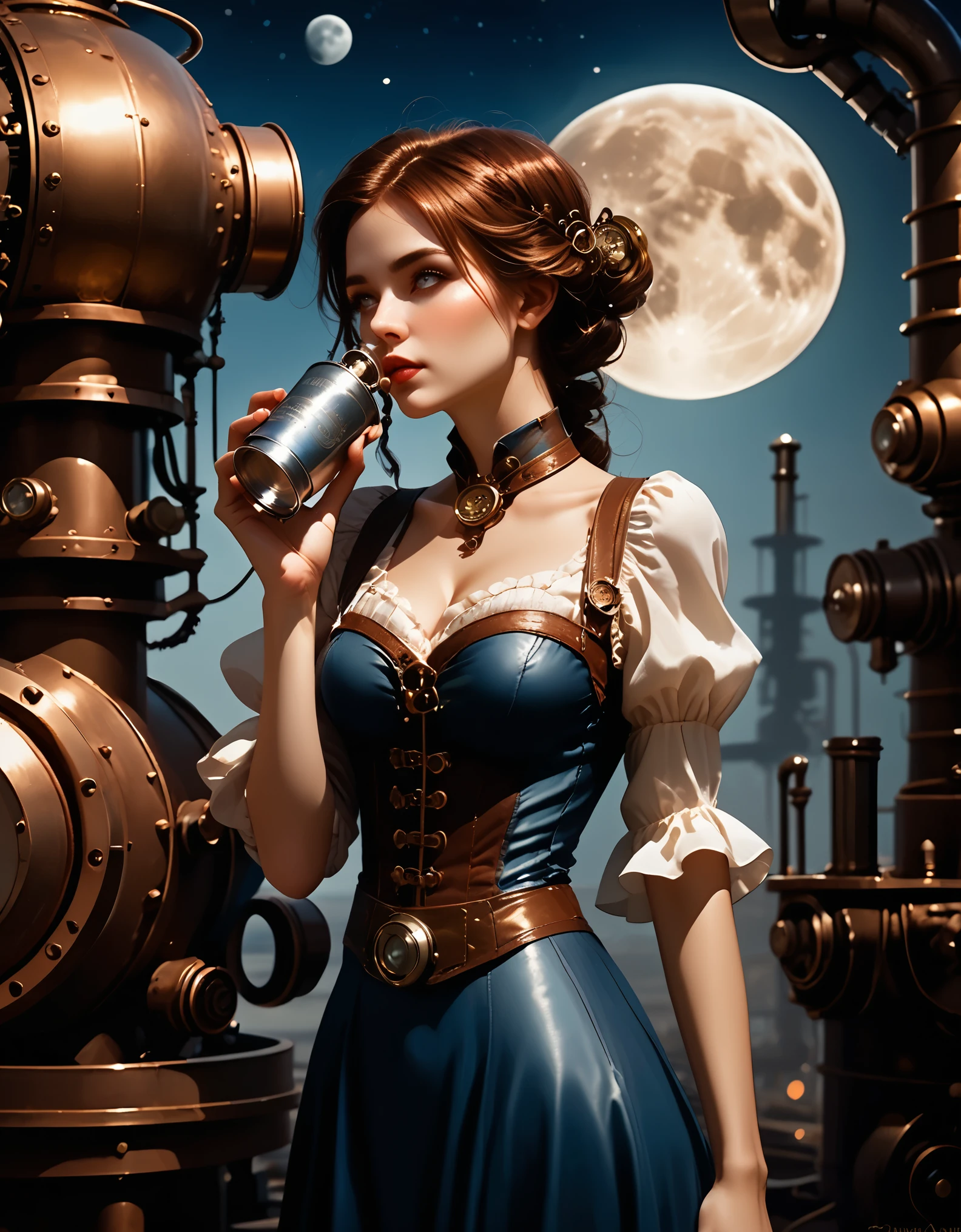 cinematic still {absurdres, ultra detailed beautiful photograph, dynamic angle, close up face, (In a steampunk world, a mechanical girl gazes at the moon while (drinking oil). Her metallic body glistens coldly in the moonlight. Gears and pipes cover her body, with steam quietly rising. Her eyes, almost human-like, hold emotions as she stares at the distant moon. (Holding an oil can) in her hand, she slowly brings it to her mouth, producing mechanical sounds. Around her, old factories and steam engines line the area, creating a unique steampunk atmosphere. Her presence stands out in this otherworldly setting, creating a fantastical scene. watercolor, )} . emotional, harmonious, vignette, highly detailed, high budget, bokeh, cinemascope, moody, epic, gorgeous, film grain, grainy
