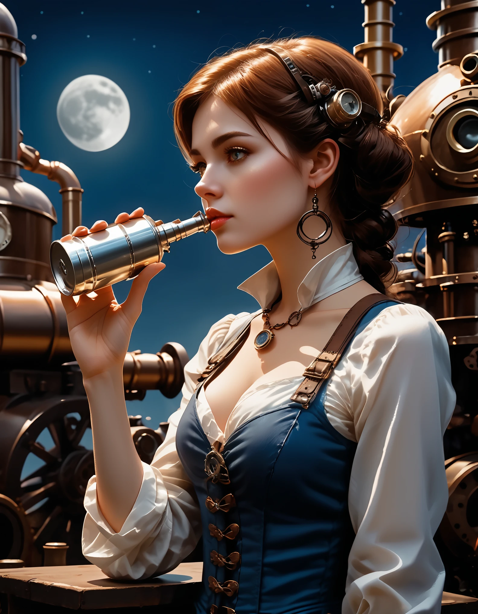 cinematic still {absurdres, ultra detailed beautiful photograph, dynamic angle, close up face, (In a steampunk world, a mechanical girl gazes at the moon while (drinking oil). Her metallic body glistens coldly in the moonlight. Gears and pipes cover her body, with steam quietly rising. Her eyes, almost human-like, hold emotions as she stares at the distant moon. (Holding an oil can) in her hand, she slowly brings it to her mouth, producing mechanical sounds. Around her, old factories and steam engines line the area, creating a unique steampunk atmosphere. Her presence stands out in this otherworldly setting, creating a fantastical scene. watercolor, )} . emotional, harmonious, vignette, highly detailed, high budget, bokeh, cinemascope, moody, epic, gorgeous, film grain, grainy