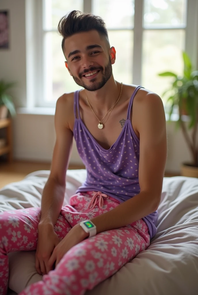 An award-winning original photo, imagine A wild muscular man, (20 years old boy:1.1), 1boy, Solo, wearing pink bunny costume, pajamas, hood, long sleeves, socks, (big shoulderusculature, stubbles, Short beard, (Detailed face:1.3), (beautiful eyes:1.3), big smile, wearing glasses, Dynamic Angle, volumetric lighting, (Best quality, A high resolution, Photorealistic), Cinematic lighting, Masterpiece, RAW photo, Intricate details, hdr, depth of field, sitting on a bed, viewer looking, night time