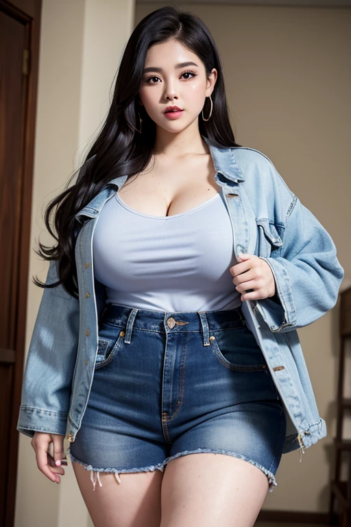 bbw, wearing gigantic droopy silk open blue jeans jacket, Black thiny short skirt, Sweaty:1.2, open leg,