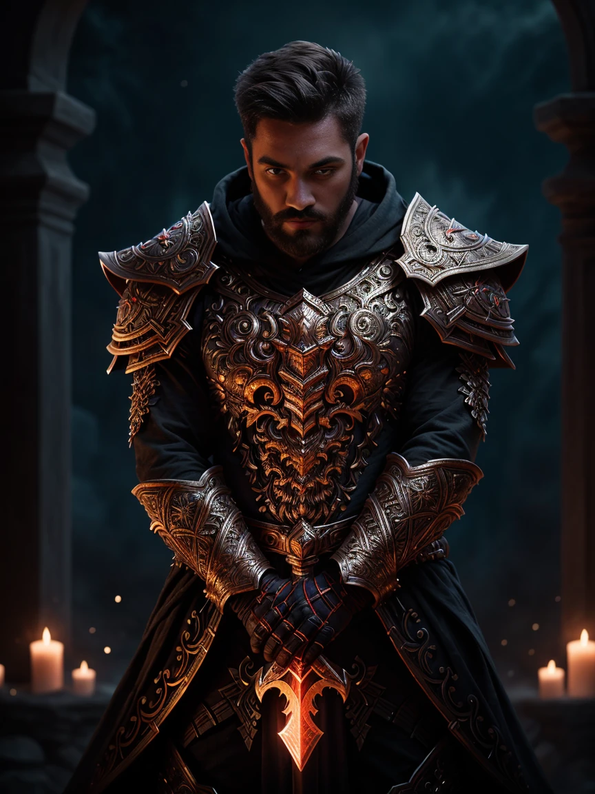 1man, A shot of a muscle male wizard, 30 years old，small beard, Sexy and charming expression，gloomy eyes，Blue eyes, emb3r4rmor, shirtless, wearing embers greaves, dynamic pose,  wielding a sword imbued with red radiant light, emanating potent light magic. The scene is set in a dark and mysterious cityscape, illuminated by the glow of the paladin's sword. The composition is expertly crafted, with breathtaking attention to detail and cinematic lighting. The overall aesthetic is reminiscent of Fujifilm photography, capturing the beauty and depth of the scene