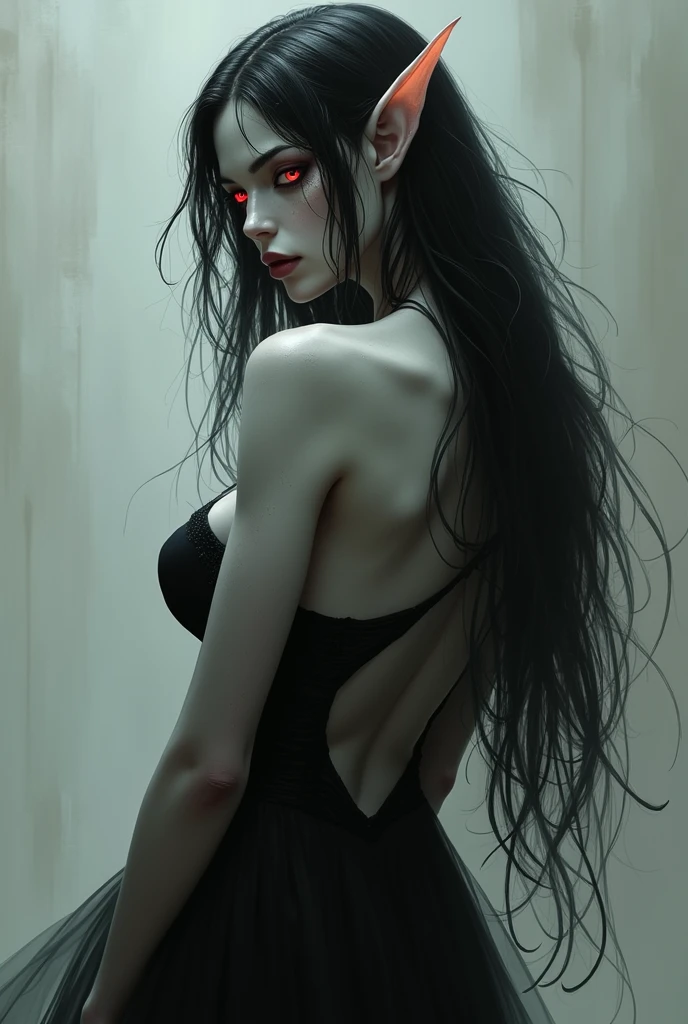 A girl with long black hair, red horns, Red eyes, mischievous personality, and a sexy black dress