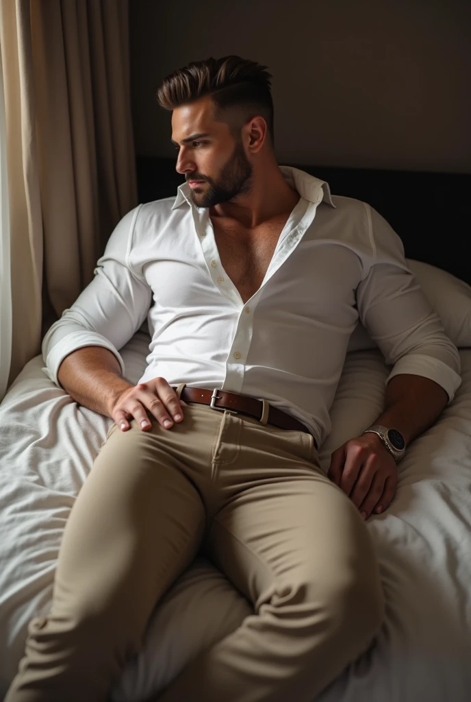 iphone pro 14, extremely beautiful model, 40 years old sexy muscular man, scandinave, shaved head, realistic, seins gaies, clivage, haut court, soutiens gorges, fully naked laying on a bed with some bedsheet covering the private area