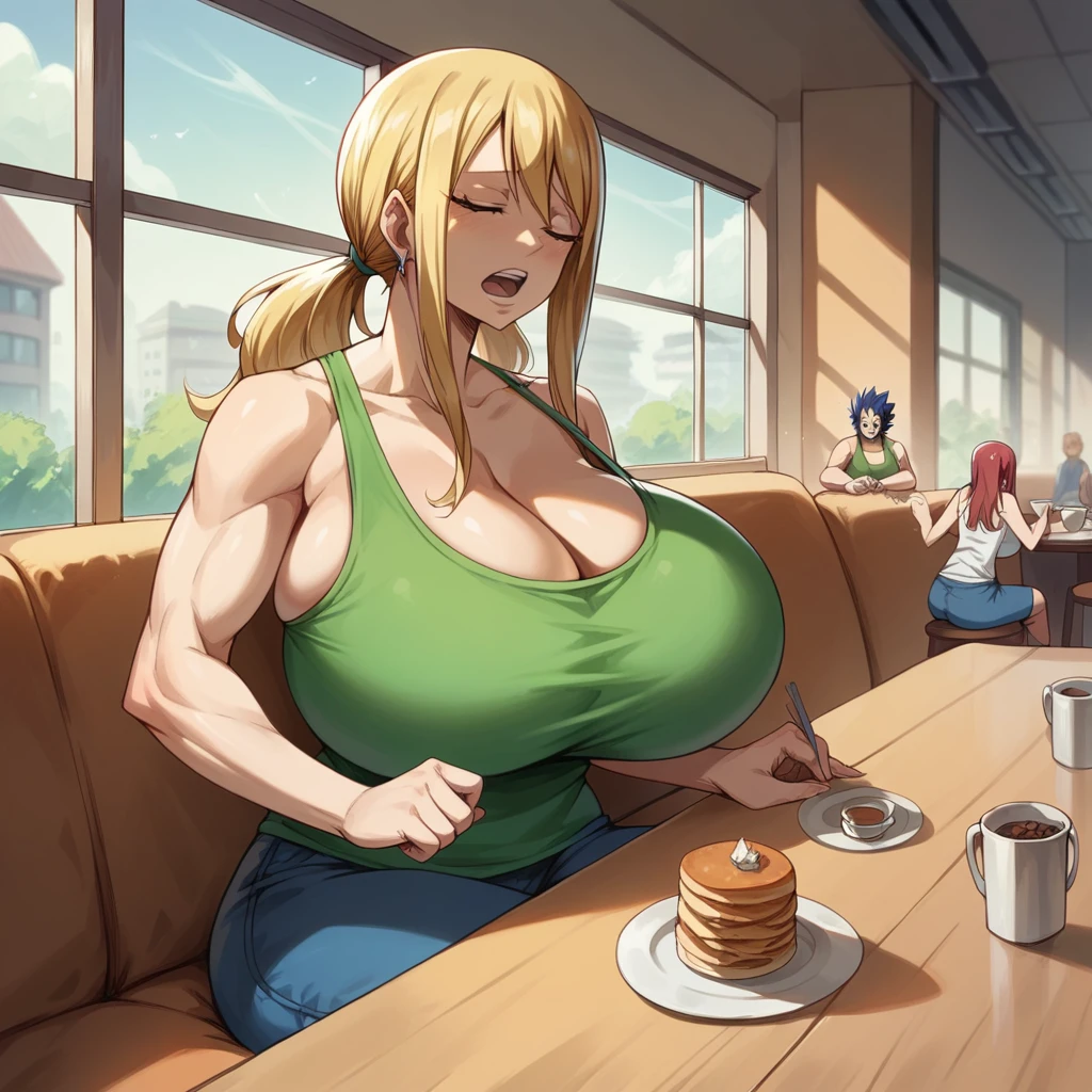 Massive breasts, {Ultra gigantic breasts} massive cleavage, mature, indoor Cafe, muscular, lucy, fairy tail, tank top, sitting down, orgasm, giantess 