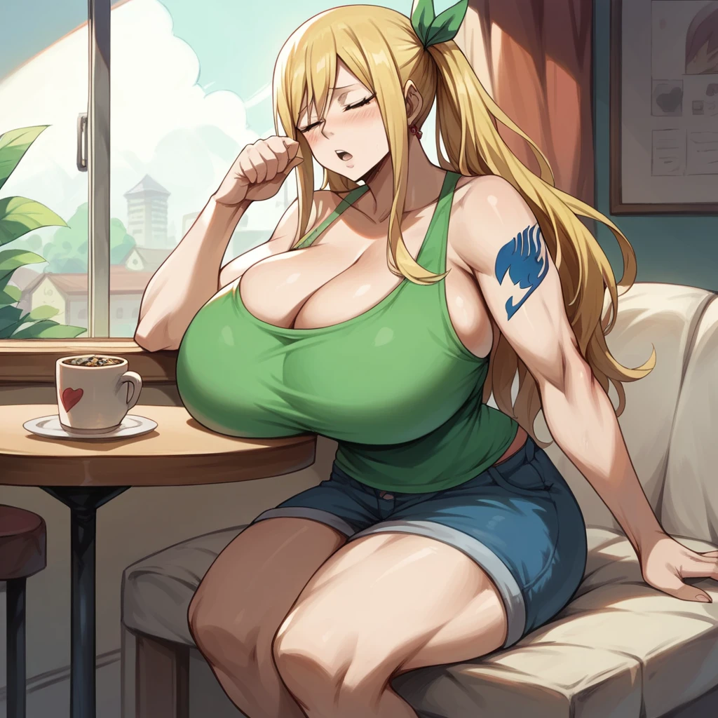 Massive breasts, {Ultra gigantic breasts} massive cleavage, mature, indoor Cafe, muscular, lucy, fairy tail, tank top, sitting down, orgasm, giantess 