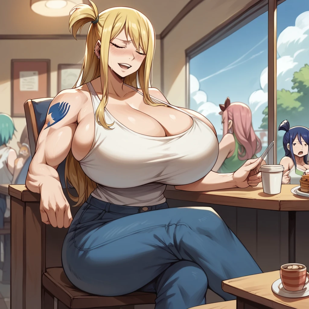 Massive breasts, {Ultra gigantic breasts} massive cleavage, mature, indoor Cafe, muscular, lucy, fairy tail, tank top, sitting down, orgasm, giantess 