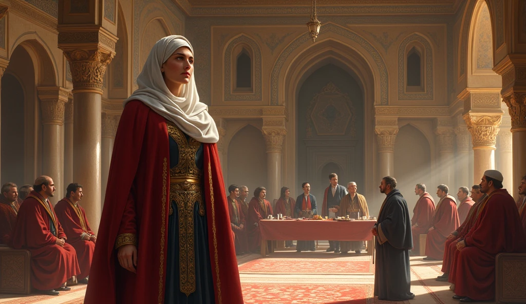 A cinematic photorealistic color digital painting of a 26 yo gorgeous appealing amative red haired [woman: Sinead O'Connor: 0.1] wears hijab muslim dress looking at viewer gently, ornated modest dress, blush, light laugh, sit on chair at a resto, detailed face, insanely detailed and intricate, crisp sharp and clear, volumetric lighting, ultra-high resolution, masterpiece hyper realistic artwork of Don Lawrence, insanely detailed and intricate, centered, professional Color Grading by Kenneth Hines Jr., cinematic aesthetic lighting art by Tim Burton trending on Artstation.