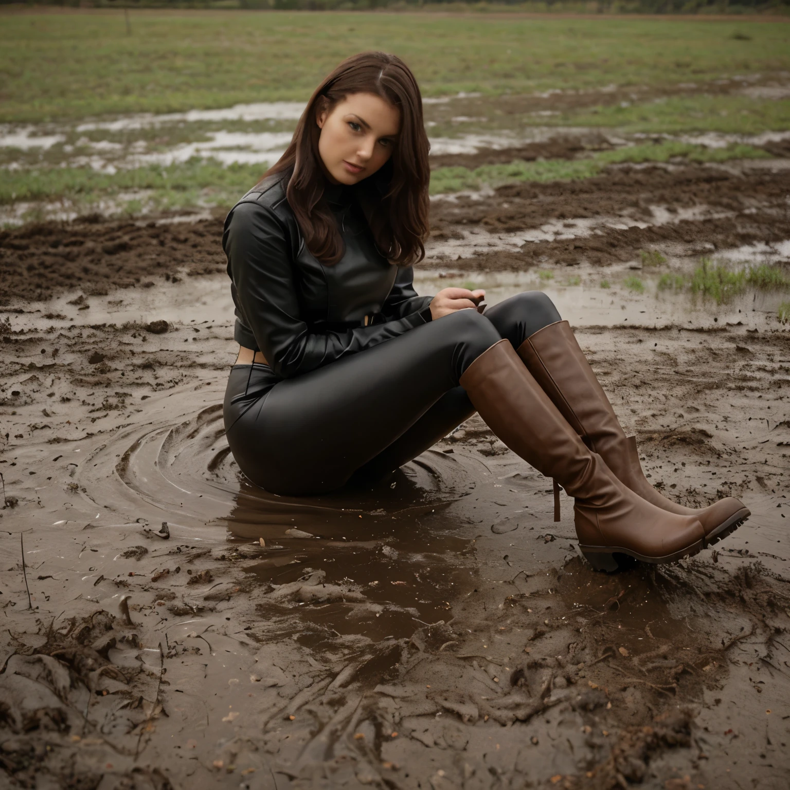 Young Anne Hathaway has long brown hair,Wearing a rose gold shiny full body suit，Full breasts，Long legs，Over the knee boots，Wear a belt，Standing on a muddy dirt road，Stuck in the mud，The body was covered in mud stains，Full body picture，Realistic