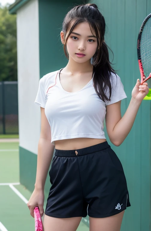 masterpiece, best quality, illustration, Super detailed, fine details, High resolution, 8K,wall paper, perfect dynamic composition, front view, standing, leaning forward, 18 year old girl, tennis player, Gravure Idol, cute type, (Details High quality, realistic depiction of eyes:1.3), huge breasts, low ponytail, black hair color, Dark makeup, Big Natural Color Lip, thick thighs, perfect body shape, plump figure, large hips, beautiful clavicle, white tennis uniform, short sleeve, shirt, skirt, socks, tennis shoes, depth of fields, natural lighting