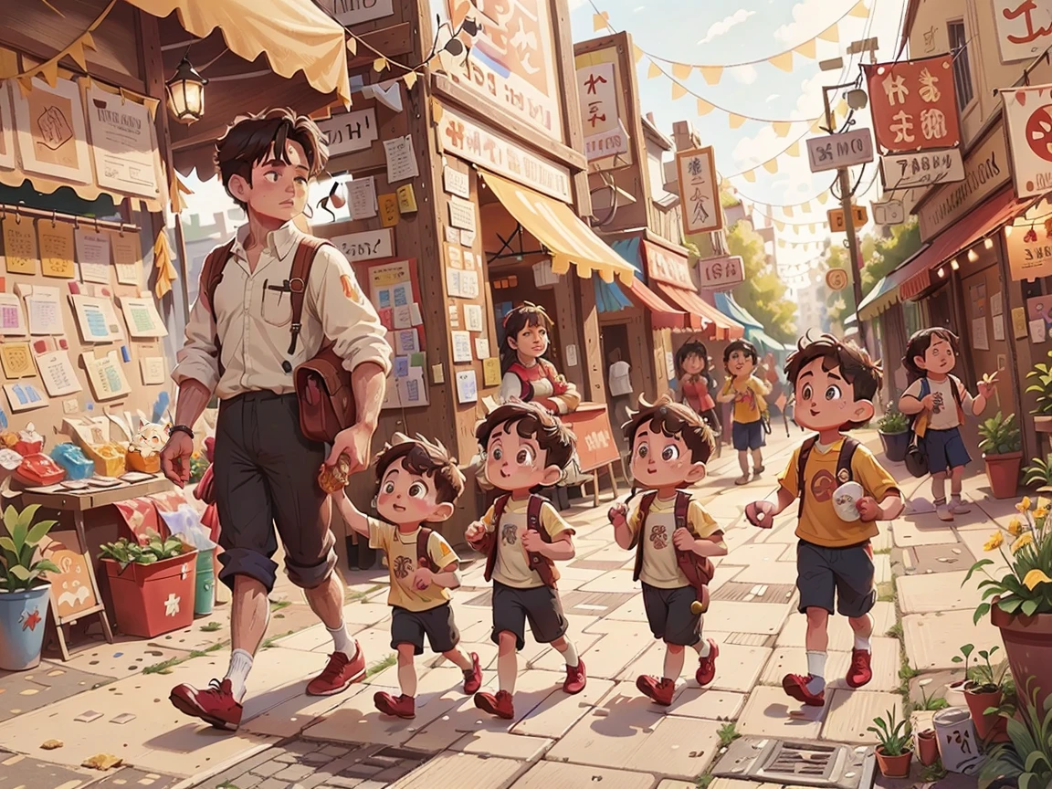 A kindergarten teacher is walking with her two male and female students. The lively atmosphere of the city festival, there are traders and also other festival visitors.