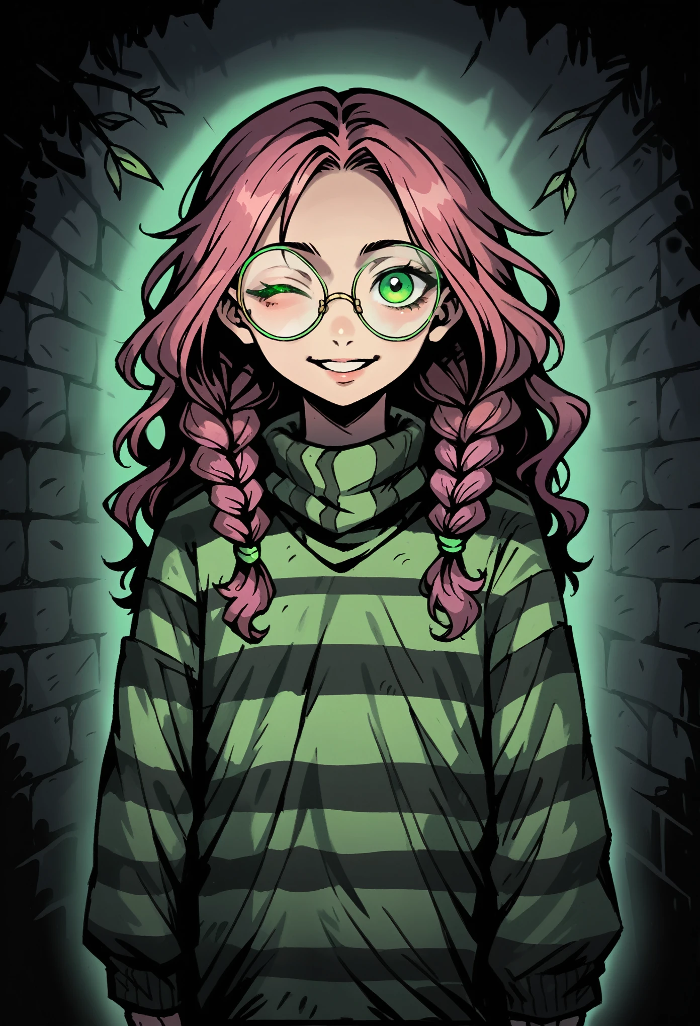 Medium close-up of pale, slender girl, long wavy hair, pink korean hair with braids. Dried leaves in hair. 20 years old. Oversized round glasses. Detailed green eyes and thick eyebrow. Smiling face expresion, one eye closed, looking directly at the viewer, with a finely detailed, ultra-clear face. Oversized striped long sleeve, woolen, green-white striped long sleeve. The design is highly detailed, with thick outlines and dramatic lighting, inspired by Chris Bourassa. Green neon disk behind. The background features a weathered brick wall with Green neon light, creating dark, atmospheric scene. Highly detailed, inspired by Chris Bourassa's. Dramatic lightning, green neon lamps. Dramatic lightning, thick outlines.
