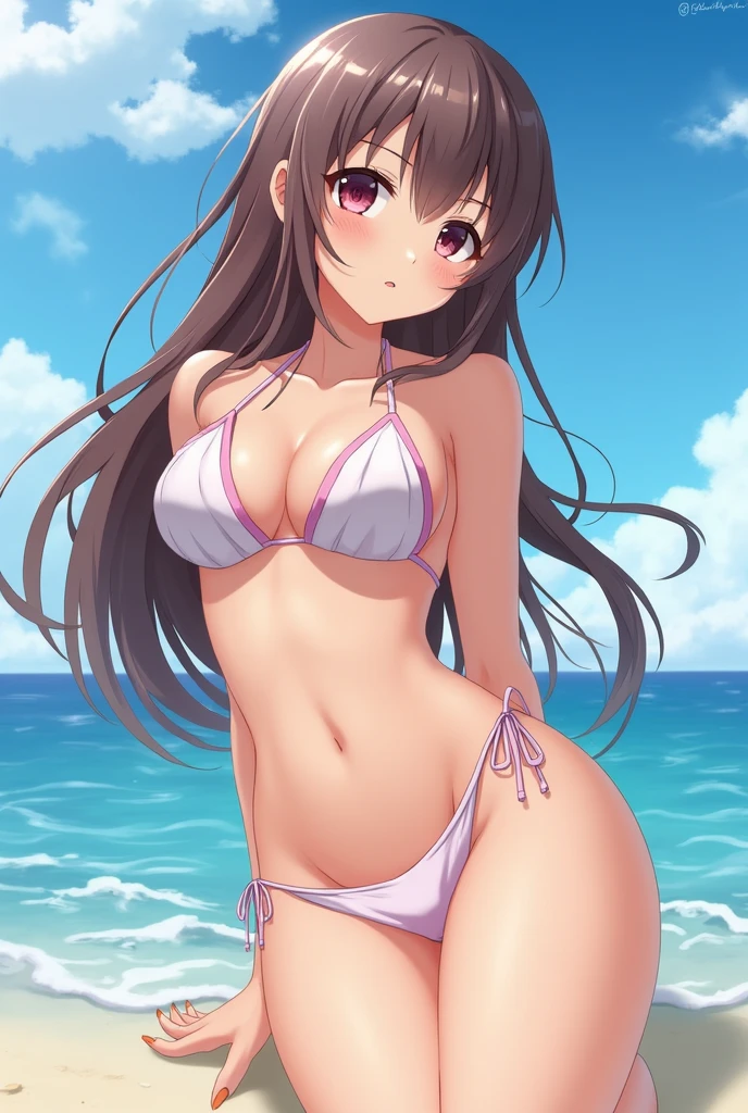 (masterpiece, highest quality, High resolution, realistic pictures, realistic skin:1.1),. 
(Wearing a white bikini swimsuit, Flip-flops at your feet, twin tails:1.1), 
1 1 girl, beautiful eyes, shining eyes, provocative, grinning expression, brown hair, medium long hair, high school girl, The location is the leisure pool
(Sit with your butt on the floor and your knees bent.:1.5),
(white bikini: 1.5),
NSFW