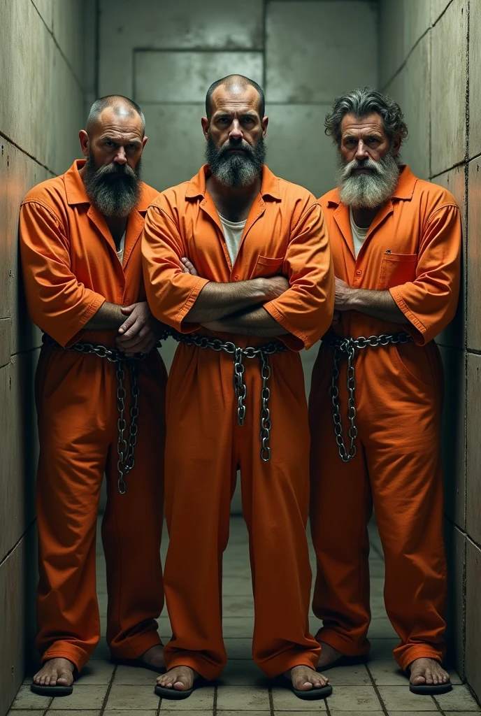 3 strong inmates, and tattooed men in orange uniforms are in their prison cell and on the floor there is a that has just been born and still has its umbilical cord attached.