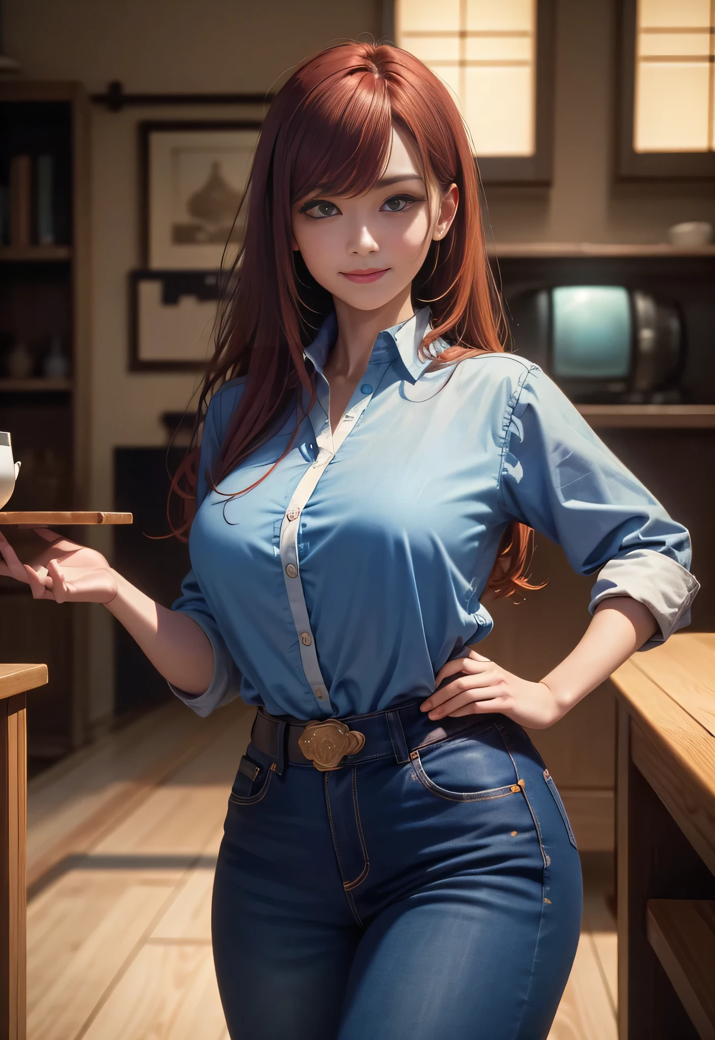 (best quality,4k,8k,highres,masterpiece:1.2),ultra-detailed, 1woman, Japanese woman, gyaru, five foot five inches tall, ginger colored hair, mole by her left eye, blue button up blouse, maroon jeans, large swollen breasts, wide hips, dancing around mid-western suburban american house, seductive pose, smiling lustfully, looking at viewer lovingly, ((intricate detail)),(((realism))), HDR, 8k, absurdres, cinestill 800, sharp focus, add_detail:2, (solo, woman)