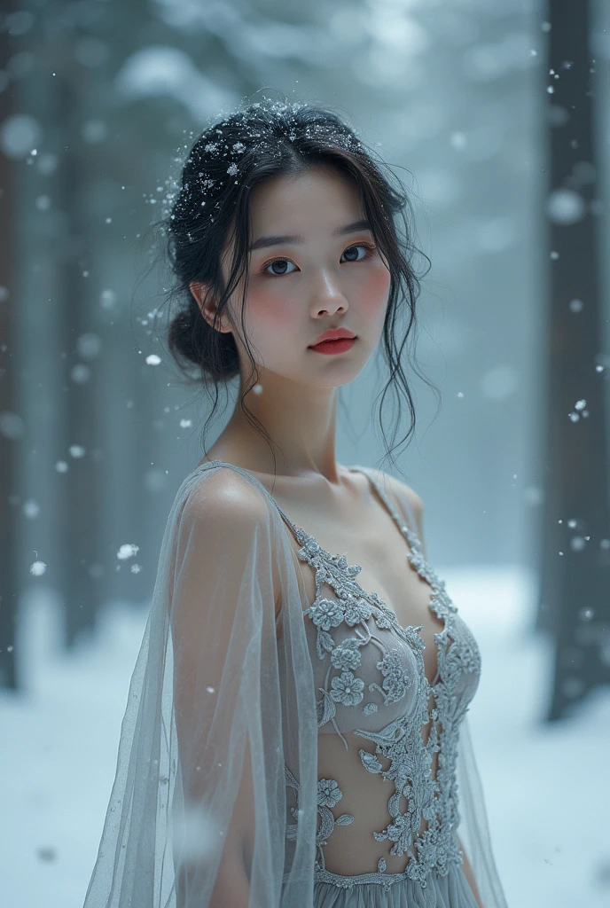 best quality, masterpiece, highres, 1girl, transparent lace dress, cotton robe, hair ornament, dress,hair ornament, necklace, jewelry, chinese clothes, long hair, earrings, detailed beautiful eyes,detailed eyelash, Beautiful face,upon_body, tyndall effect,photorealistic, rim lighting, two tone lighting,(high detailed skin:1.2), 8k uhd, dslr, soft lighting, high quality, volumetric lighting, candid, Photograph, high resolution, 4k, 8k, Bokeh, in garden, falling snow, winter, (gigantic breasts:1.25)