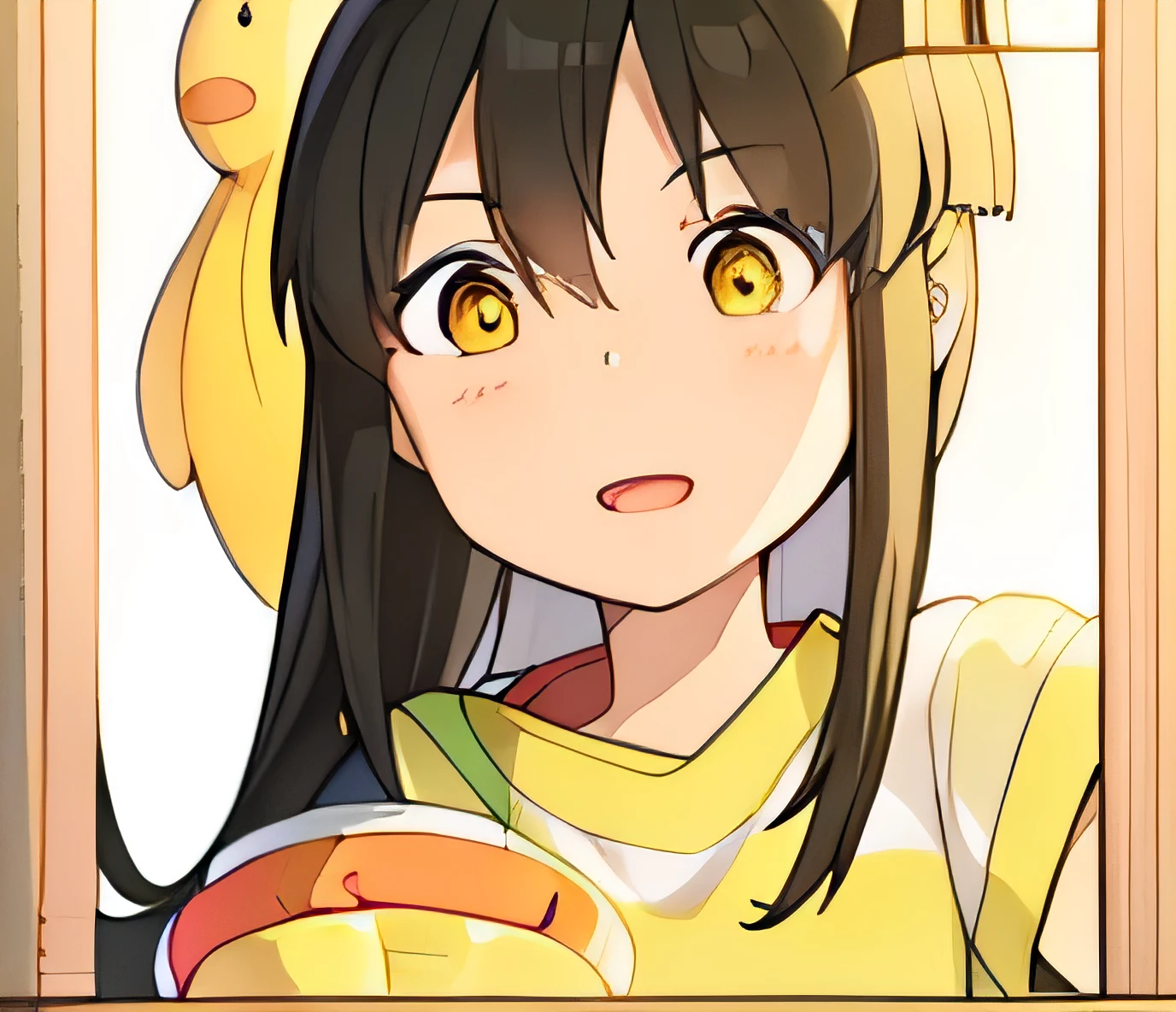 Close-up of the face of a black-haired female college student wearing a yellow costume and holding a banana