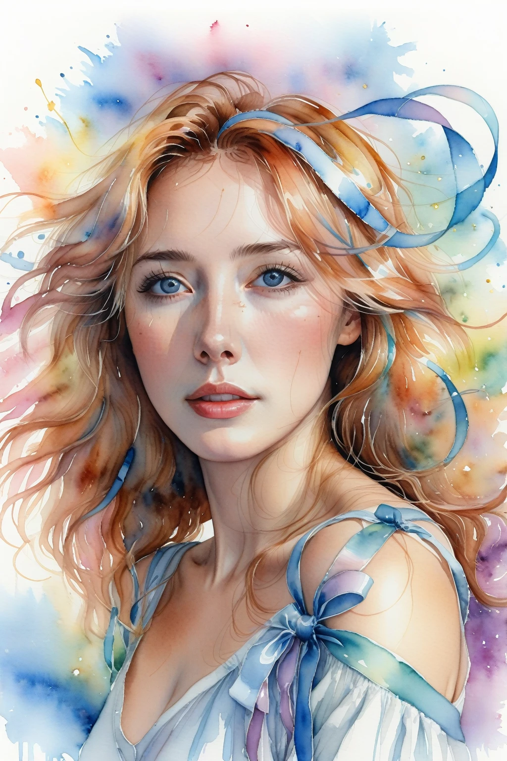 (8k, best quality, masterpiece:1.2),(best quality:1.0), (ultra highres:1.0), watercolor, a beautiful woman, 1, shoulder, hair ribbons, by agnes cecile, full body portrait, extremely luminous bright design, fairy lights, she is on the front cover of Twisty's wearing an extrvagant outfit, bottomless