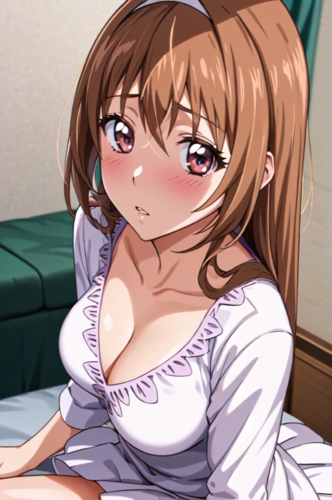 Ayumumo, One girl, alone, Hairbands, meanwhile, White Dress, Dress Lift, Sitting, blush, I parted my lips, Cleavage, She looks at the viewer and brings her face closer, bed room, from side, (facing viewer, extreme close-up:1.2)