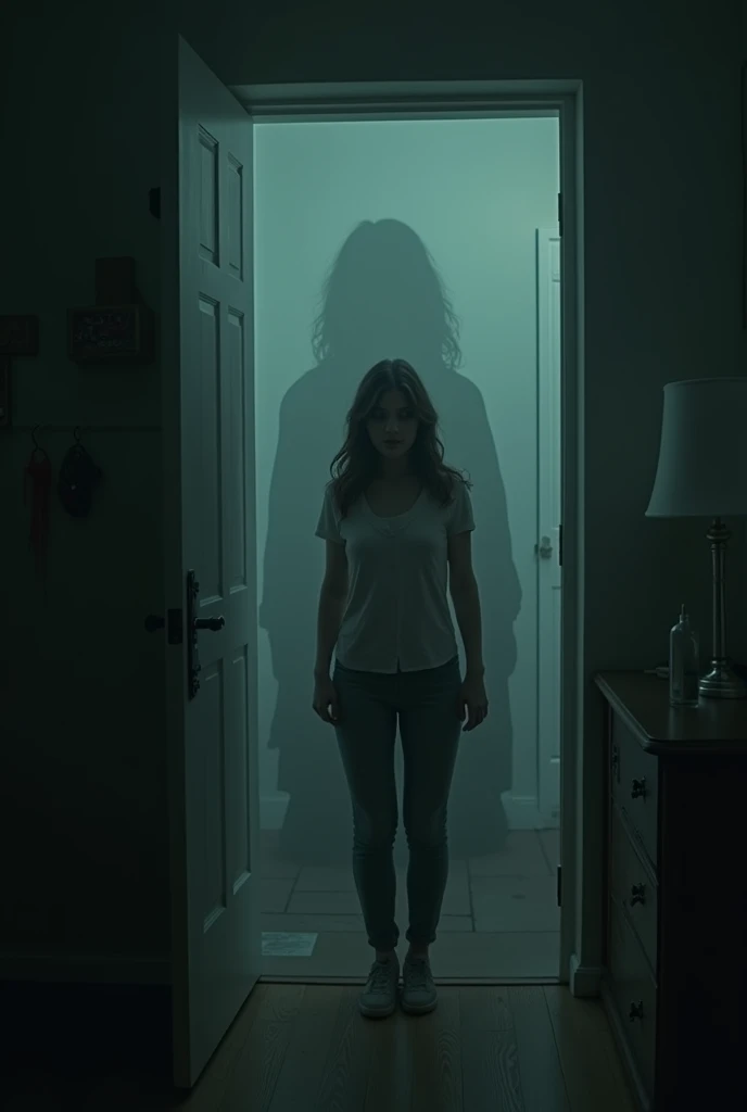 Make a shadow in the shape of a man. Holding the ankle of a brunette woman with straight hair 1,65 tall she is wearing basic pajamas, her pajamas are wrinkled and dirty and the woman fell to the FLOOR. They are inside the ROOM, the room is DARK BECAUSE THE LIGHTING IS POOR and you can see the woman, that is lying on the ground and the shadow is holding HER ANKLE. The woman is scared
