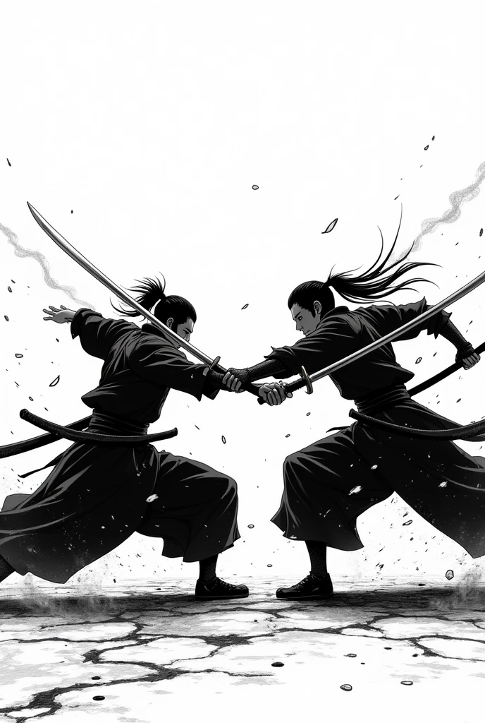 Arafad image of two people fighting with swords in a field, Meru ink style, Benedict Bana, black ink painting, sword fighting, ink painting, black and white artwork, ink painting))), black and white ink style, Yoji Shinkawa's art style, black and white painting, martial arts, Seki Dosheng, close-up of face, fierce expression