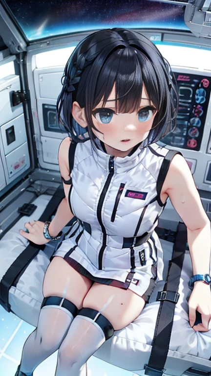 (Best Quality), (masterpiece), 1080P, High resolution, 4K, 8k, Inside the space station、Futuristic room、Thigh straps, Shooting from directly below, The woman on top of me, 白いsweat, Covered , sweat, Woman looking down, Skirt swimsuit, Thigh-high socks, To achieve this, , , whole body, Black leather shoes, Braided Hair, Inner Color, Embarrassed face, Short black hair, bracelet, bedroom,astrovest
