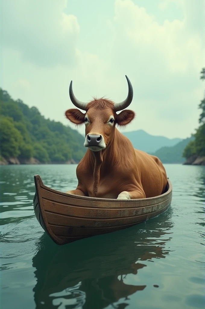 A laughing and fishing bull, with his fishing rod, well defined:1.3, sitting on a chair by a river, holding a fishing rod, drinking a beer, wearing a white bucket hat wrote $BOOM, boat nearby, surrounded by a forest and rocks, extremely detailed, funny, satirical surreal scene.