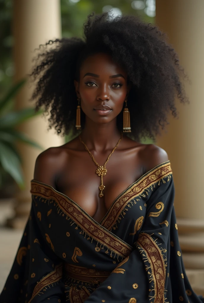 Generate the image of a 17-year-old African woman, artist. She has black skin, medium height (1.67m), sexy and attractive body and loose, voluminous curly hair, with brown eyes. Her personality is friendly, optimistic and creative. She is naked, Beauty boobs and hot . . She wears accessories like a colorful silk scarf, handmade bracelets and feather earrings, and carries a portable painting kit. Her motivations include seeking meaning and beauty in the world, seeing her mission as an opportunity to use her art to illuminate hidden secrets. The image should portray you in your work environment, perhaps painting at an easel or sculpting a work of art, reflecting your creativity and inspirational energy.