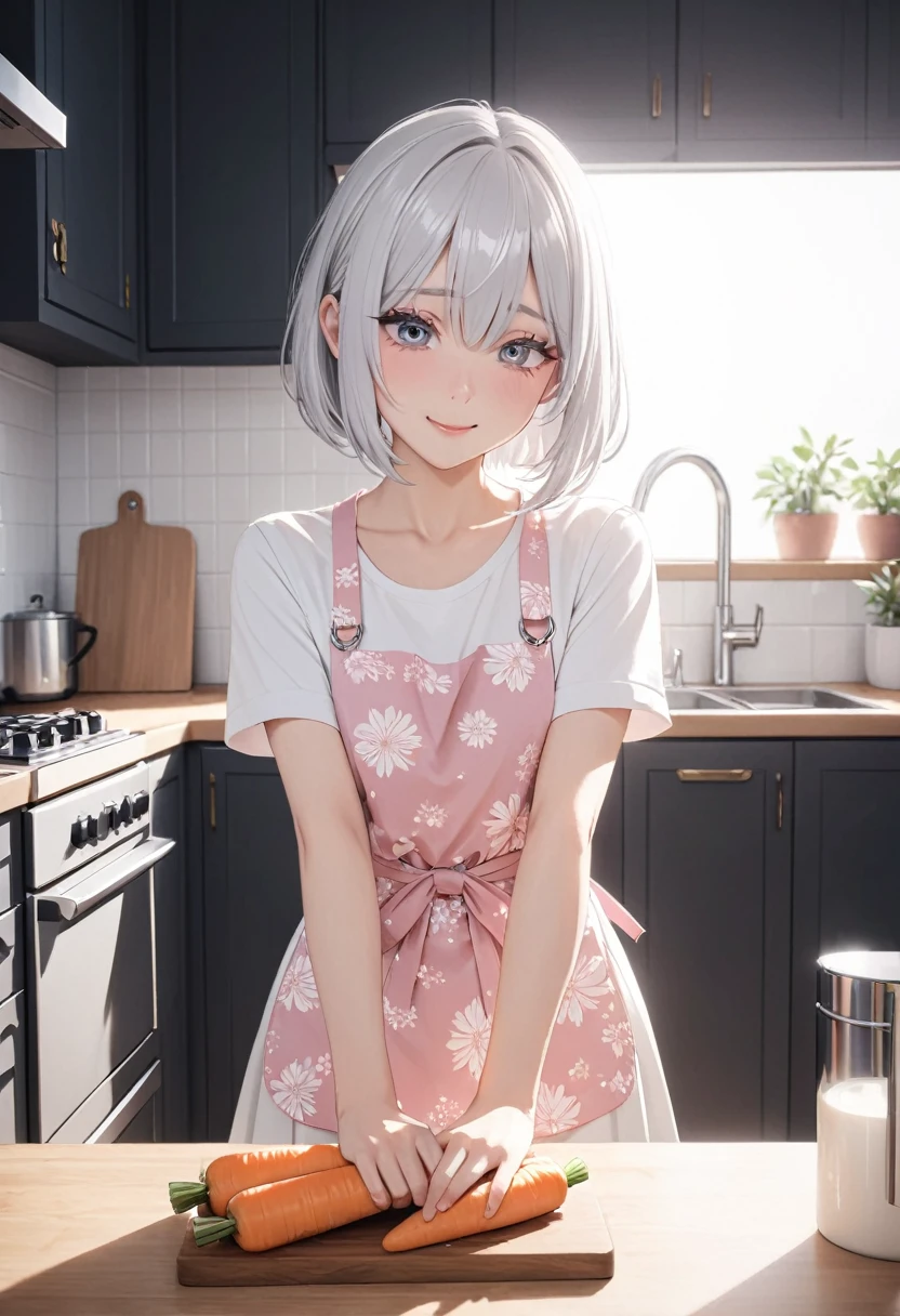 (masterpiece, perfect quality, ambient lights, hard-edged, cute, full body detailed, 32K, high details), perfect lighting, perfect anatomy, soft light, BREAK ((shiny silver hair)), bob cut, bang between eyes, beautiful hair), (glossy silver eyes:1.5), (beautiful eyes, twinkle eyes, large eyes, close eyes), BREAK (athlete body), cute face, beautiful face, pretty face, beautiful, best quality, good anatomy, long eyelashes, expressive eyes, Perfect Hands, the girl has five fingers on each hand, REAK 1girl, pink botanical print apron, white shirt, white skirt, short sleeves, smile, shy, BREAK, 1girl, morning, kitchen, the girl in the kitchen holding a carrot on a cutting board with her left hand and julienning it with a knife in her right hand.